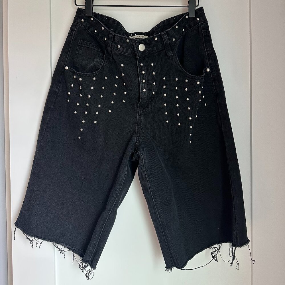 Black Denim and Studded Long Shorts